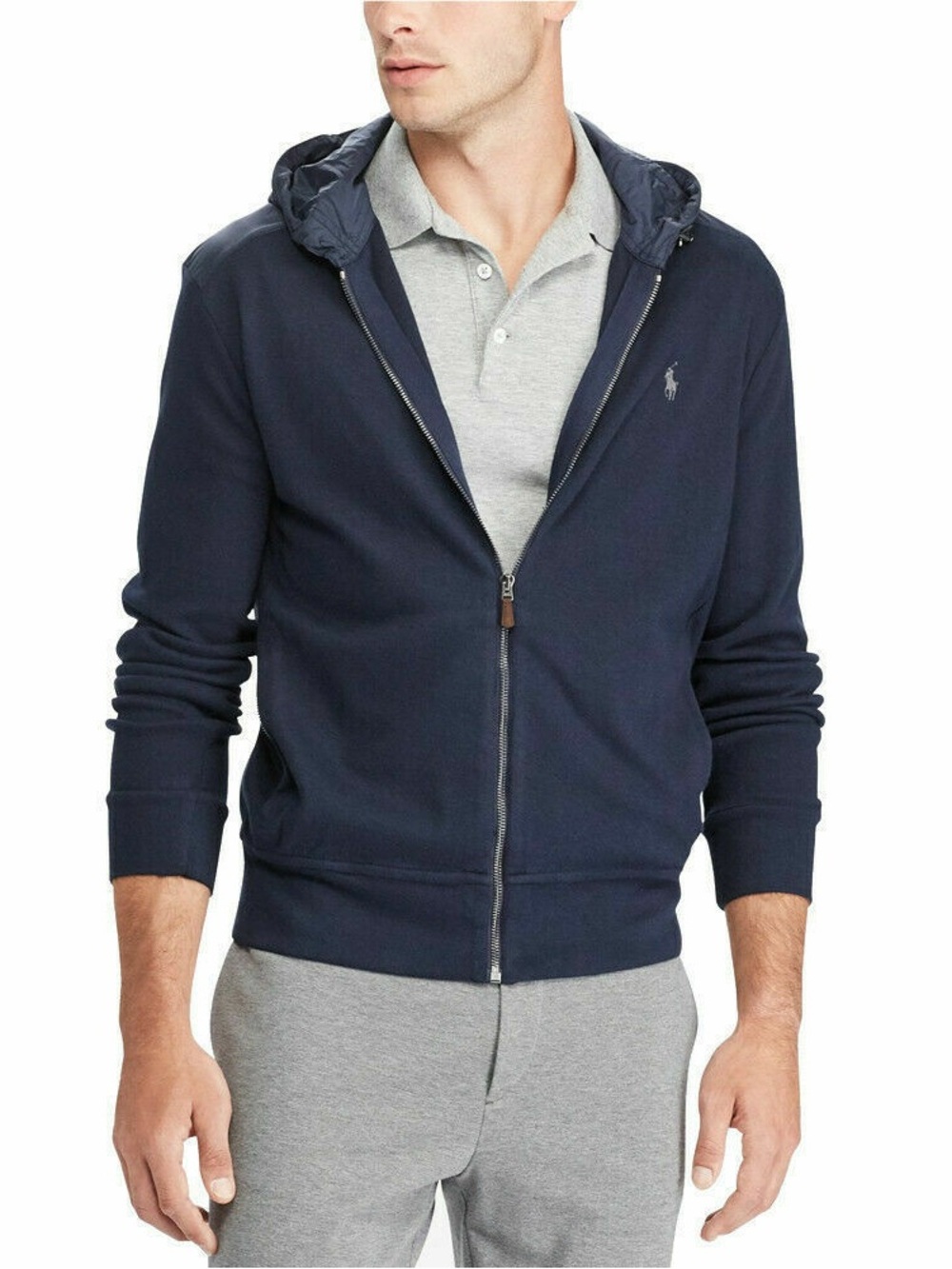 POLO RALPH LAUREN Navy Blue Estate Rib Cotton Full Zip Hoodie Jacket Size XL